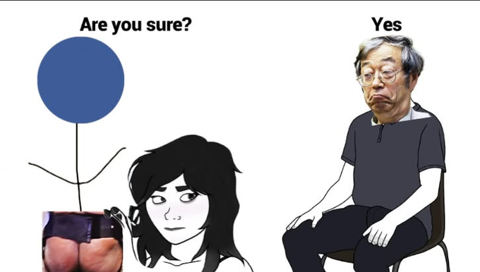 A sad cartoon woman asks "Are you sure?" to a deflated-looking older man (a meme character) who replies "Yes," while a small inset image of skin shows a USB-like device implanted in a hand. The meme humorously suggests Litecoin has been copying Bitcoin's ideas (implanting them) without truly innovating.