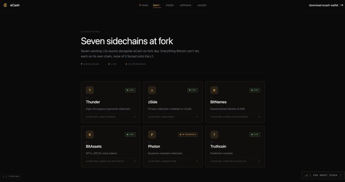 The image shows the eCash (XEC) website announcing "Seven sidechains at fork" for an upcoming Bitcoin fork on August 1st, displaying projects like Thunder, zSide, BCHNames, BitAssets, Photon, and Truthcoin. This relates to the post's mention of the BTC hard fork into eCash on August 22nd, highlighting the emerging ecosystem and sidechain developments (labeled as "L1 live" or "L2 in progress") that the post is directing attention to.