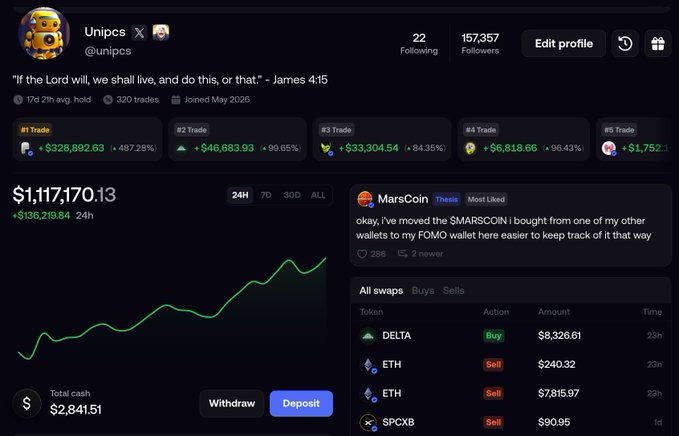 A trading dashboard profile for user 'Unipcs' showing a portfolio value of $1,117,170.13, a Bible quote from James 4:15, and trade history including $MARSCOIN and various cryptocurrencies like DELTA, ETH, and SPCXB.