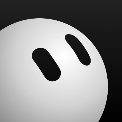 A white sphere with two black oval eyes appears against a dark background.