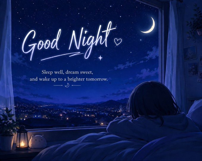 The image features a girl sitting in bed at night looking out of her window. The background shows a dark sky with stars and a crescent moon. Below the girl's head, there are two words written in white letters that say "Good Night". The text also includes a quote about good nights and a reference to a project called @NomismaNetwork.
