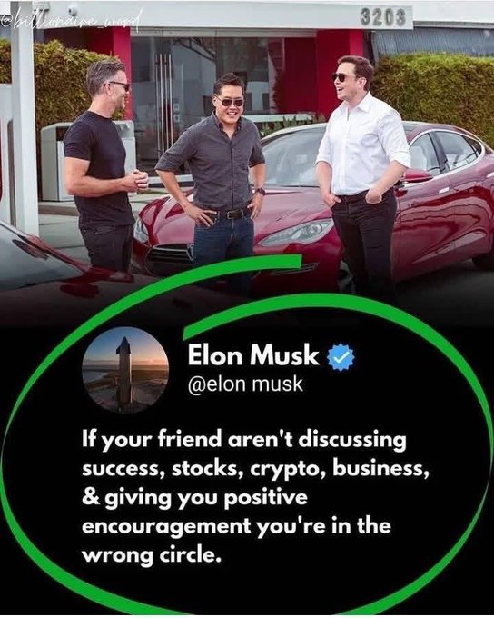 Elon Musk tweet that reads: 'If your friend aren't discussing success, stocks, crypto, business, & giving you positive encouragement you're in the wrong circle.' shown over an image of three men by a red Tesla.