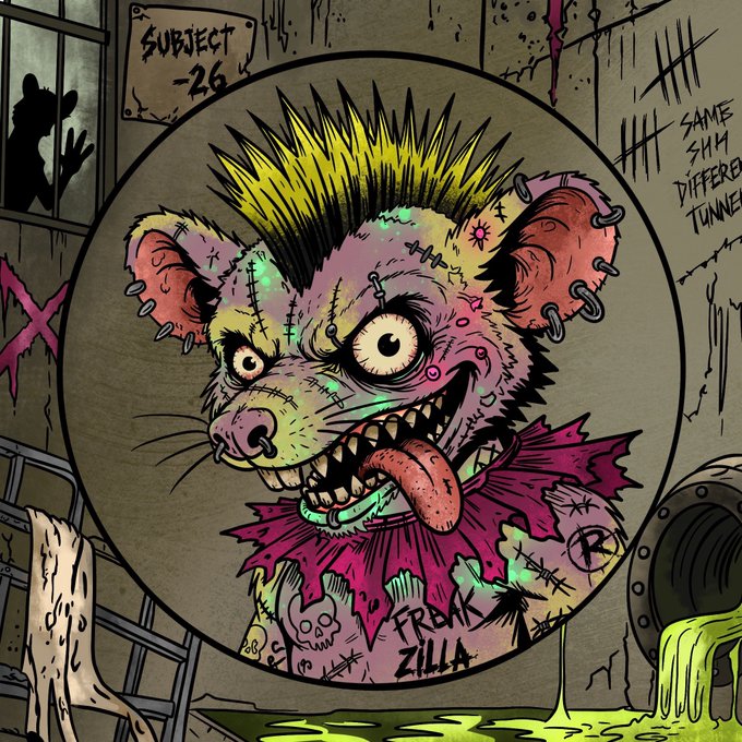 A horror-style illustration depicts a menacing, stitched-up bear character with a yellow mohawk labeled 'V. FRANK ZILLA' in a grimy, dungeon-like setting.