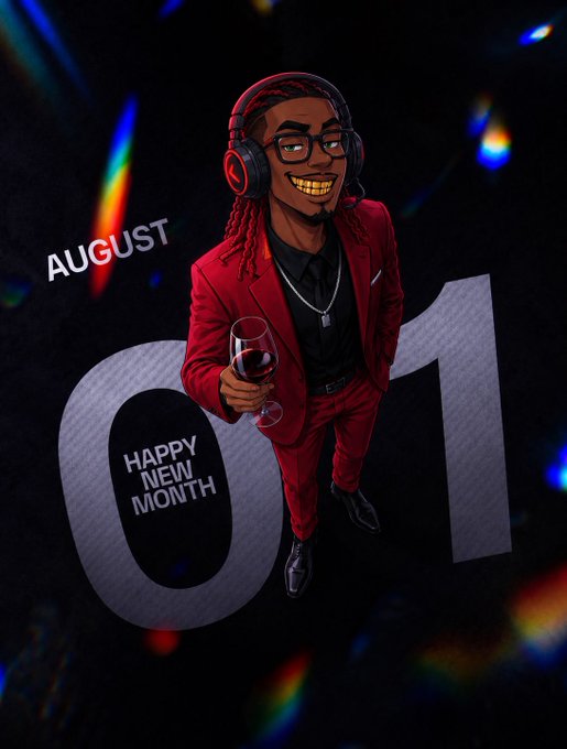 The image shows a stylish cartoon illustration of a smiling man with dreadlocks, glasses, headphones, and a red suit holding a glass of wine, set against a dark background with colorful light flares and large "01" text. The caption reads "AUGUST 01" and "HAPPY NEW MONTH," celebrating the start of August in line with the post's message welcoming the new month and focusing on making money.