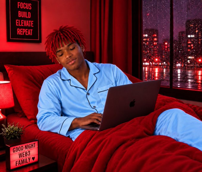 A stylized image of a person with red dreadlocks in blue pajamas using a laptop in bed, with motivational signs reading 'FOCUS BUILD ELEVATE REPEAT' and 'GOOD NIGHT WEB3 FAMILY'.