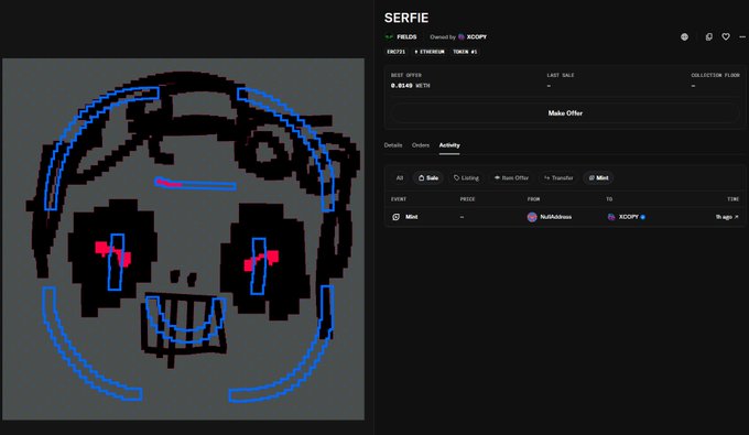 A pixel art NFT titled 'SERFIE' owned by XCOPY, valued at 0.3245 ETH, showing a dark skeletal face with red eyes and a blue outline, displayed on a marketplace activity page with a Last Sale transaction of 10 (TRX) by NutKiddoom.