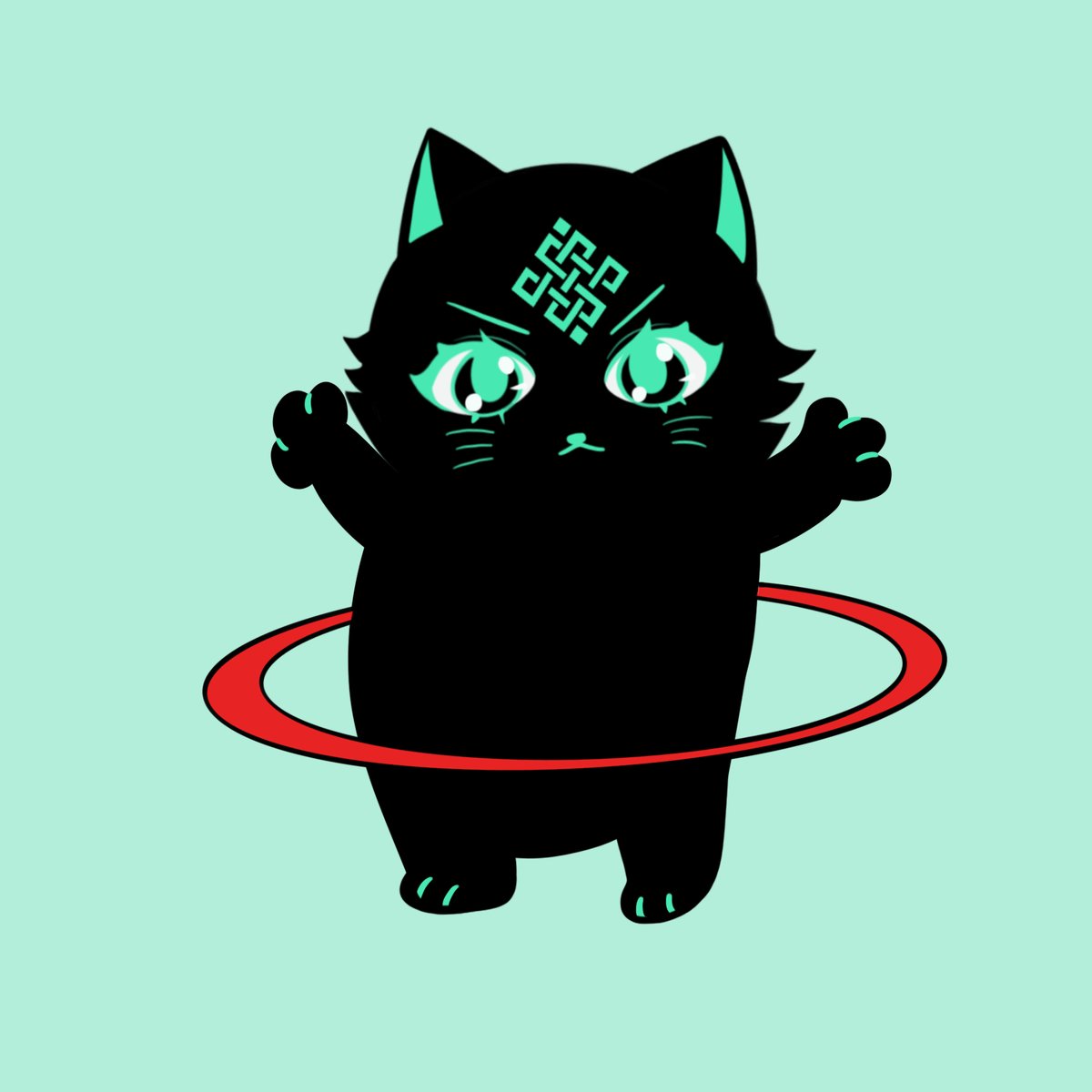 The image features a black cat with green eyes standing on its hind legs inside a red circle, holding onto a hula hoop. The cat appears to be playing with the hoop or possibly trying to get into it. The background of the image is a light blue color that contrasts nicely with the cat's black fur and the vibrant colors of the hula hoop. There are also some text elements in the image, including "Good morning fam" which suggests a positive and uplifting atmosphere for the day ahead.