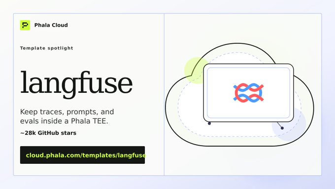 The image features a white background with black text that reads "Langfuse turns traces, prompts, evals, and feedback into an LLM observability loop. Deploy it on Phala when those telemetry signals need TEE-backed isolation: cloud.phala.com/templates/lang". The post is about a tool called Langfuse which helps in turning traces, prompts, and evals inside a Phala TEE loop to create an observable loop for monitoring.