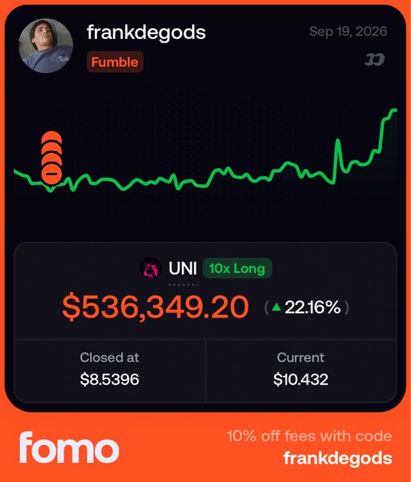A trading post from "frankdegods" dated Sep 19, 2026, showcasing a 10x Long position on UNI token on the "Fumble" platform, with profits of $536,349.20 (a 22.16% gain), closed at $8.5396 with the current price at $10.432, accompanied by a promo offering 10% off fees with code "frankdegods" via Fomo. The image visually reinforces the post's message by providing concrete proof of an executed leveraged trade, contrasting real, verifiable gains against the "larpers" who only claim hypothetical profits for clout.