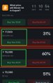 A dark-themed sports betting interface displaying matches with options to 'Buy for' and 'Buy for MAX,' with profit percentages of 3%, 60%, and 5% visible.