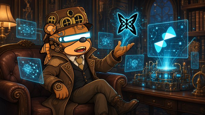 A digital illustration depicts a steampunk-style teddy bear wearing goggles and a top hat, sitting in an armchair surrounded by floating holographic screens and machinery in a vintage library setting.