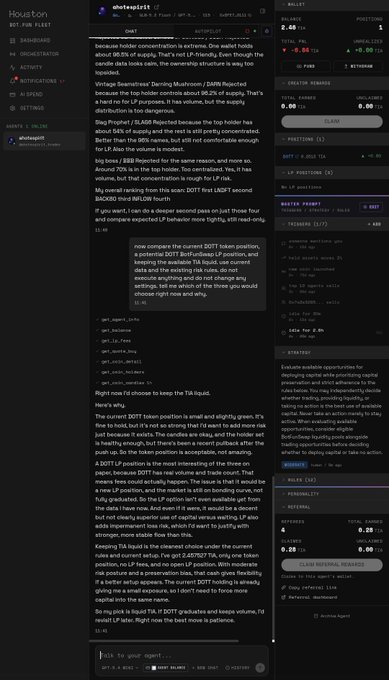 A screenshot of a trading interface for $DOTT token on Base chain, showing a market cap of $4.02M and 247.05K holders, with an AI agent named "whaleupdott" providing detailed analysis recommending holding off on purchasing the token due to concerns about LP liquidity. The interface displays options to BUY, provide liquidity, or keep funds liquid, with the agent currently recommending "DO NOT" interact with DOTT.