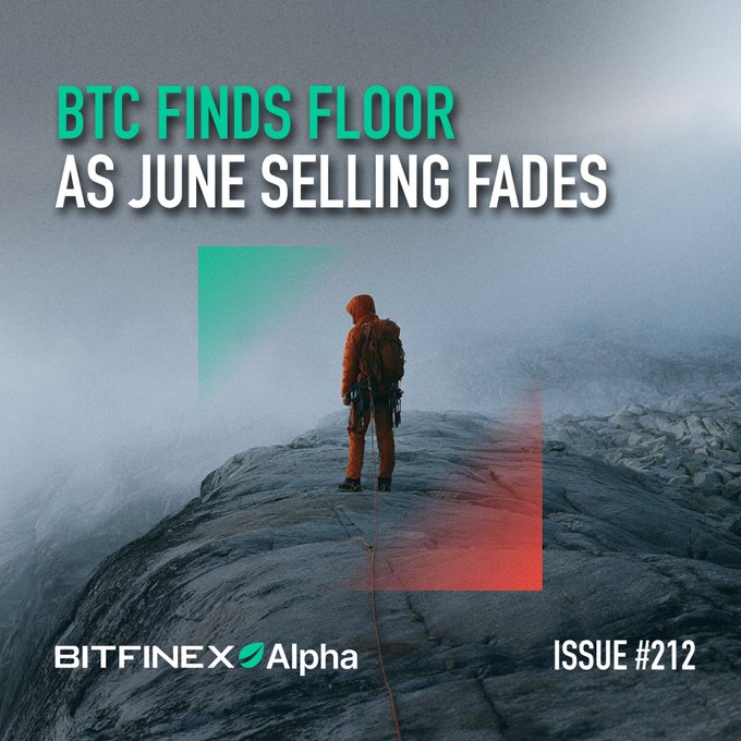 The image is a promotional graphic for Bitfinex Alpha Issue #212, featuring a climber in an orange jacket standing on a rocky cliff edge with the headline "BTC FINDS FLOOR AS JUNE SELLING FADES," symbolizing Bitcoin's potential recovery after its worst June since 2022, reaching a low of $57,803 before reclaiming $60,000.