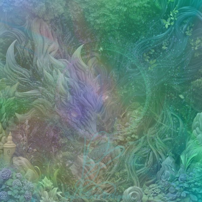 A vibrant, ethereal digital painting of a glowing, multi-colored lion-like creature surrounded by lush green foliage, iridescent bubbles, and mystical flora.
