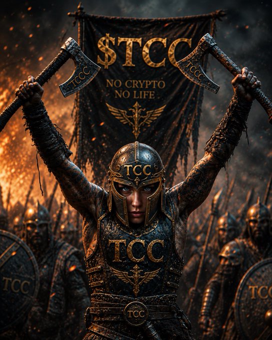 A dramatic digital artwork shows a warrior in ornate armor wielding two axes above their head, with a banner reading '$TCC NO CRYPTO NO LIFE' and 'TCC' repeated throughout the image.