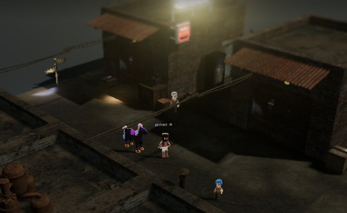 A nighttime scene from a video game showing characters in a rooftop or courtyard area with brick buildings and a bright light.