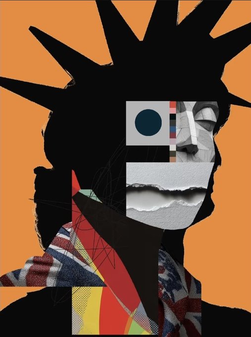 A collage-style portrait featuring a silhouette with spiky hair against an orange background, incorporating a fragmented face with a nose, lips, and an eye, along with plaid and geometric patterns.
