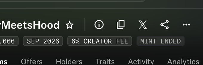 The image shows a partial header for a token called "MeetsHood" with details including a price of "$...666," a date of "SEP 2026," a "6% CREATOR FEE," and a "MINT ENDED" status, along with navigation tabs like Offers, Holders, Traits, Activity, and Analytics.

The image relates to the post's critique about the token being underdeveloped—highlighting that despite the project name "MeetsHood," it lacks a proper website, which is likely holding its value below $3.