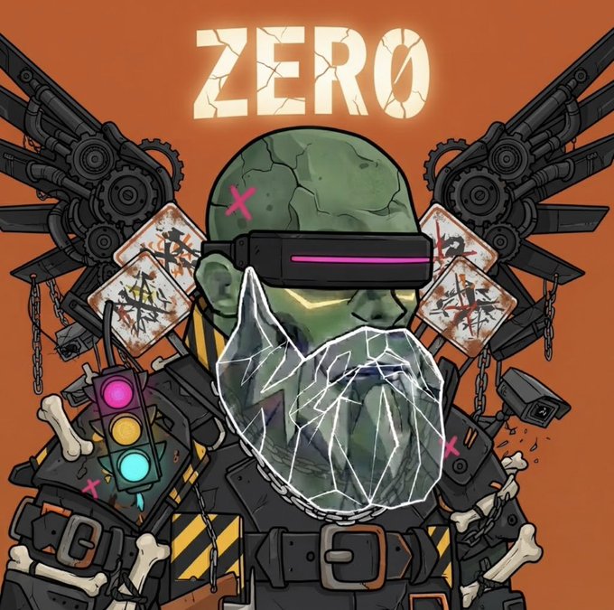 An illustration of a cyborg or robotic character with a cracked mask, green head, and various mechanical parts against an orange background, with the word 'ZERO' displayed at the top.