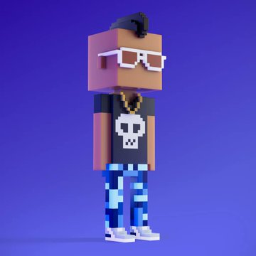 A blocky, voxel-style 3D character wearing white sunglasses, a gold chain, a skull t-shirt, and blue pixelated pants against a purple background.