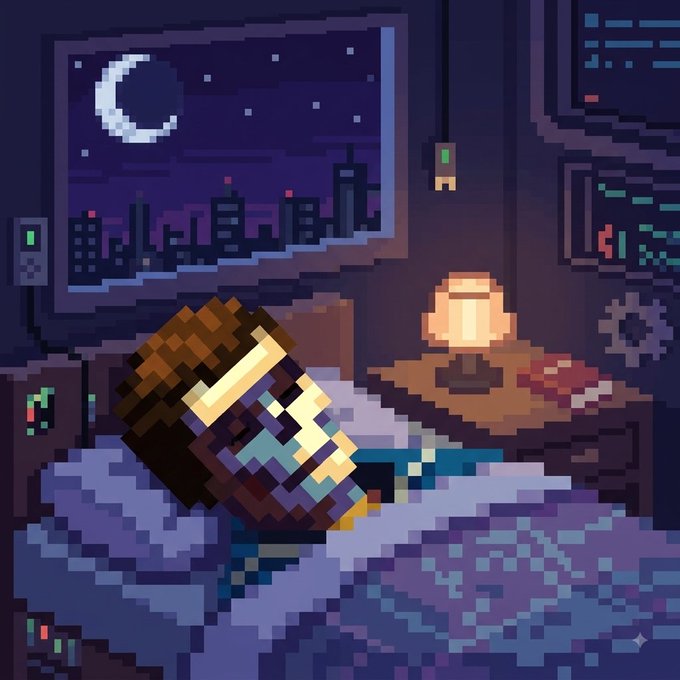A pixel-art style image shows a Minecraft-style character lying in a bed under purple blankets, with a window revealing a crescent moon and city skyline at night, alongside a glowing lamp and digital screens.