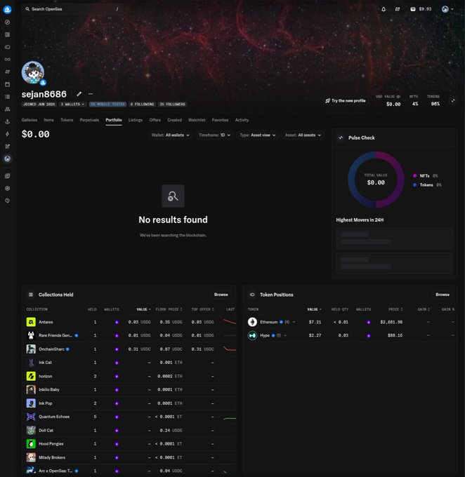 A screenshot of an OpenSea profile for user 'sejan8686' showing a portfolio page with 'No results found' under wallets, displaying various NFT collections like 'Arcane', 'Rare Friends Gen' and tokens including 'Ethereum' and 'Pipe' with their respective values.