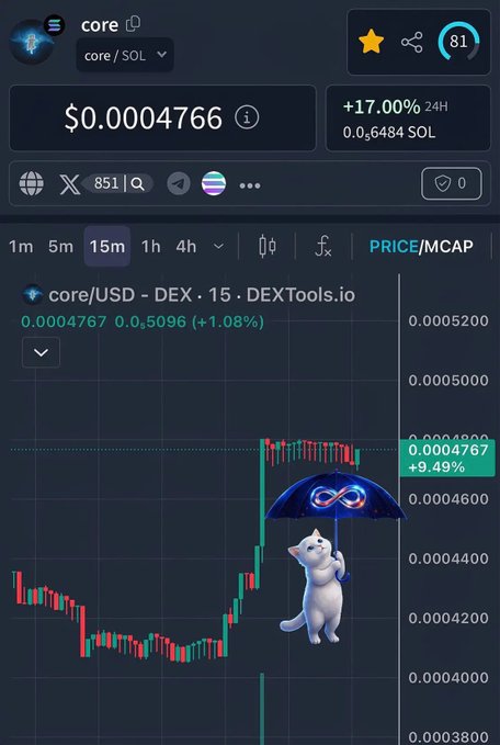 A DEXTools.io cryptocurrency chart for the token "core / SOL" showing a price of $0.0004766 (+17.00% 24H), overlaid with a 3D illustration of a white cat holding an umbrella with an infinity symbol.