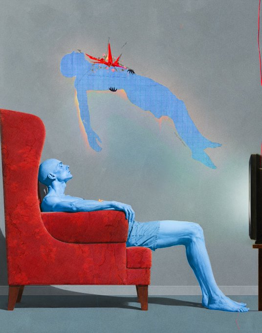 A blue-skinned humanoid figure lounges in a red chair, gazing up at a translucent blue projection of another figure.