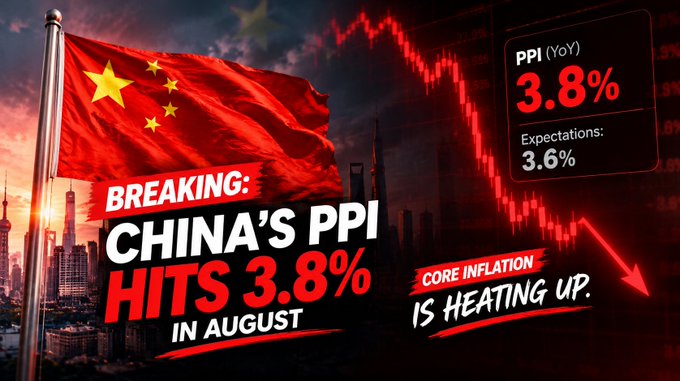 Breaking news graphic over a Chinese flag and cityscape reporting 'CHINA'S PPI HITS 3.8% IN AUGUST,' noting expectations were 3.6% and that 'Core Inflation Is Heating Up' alongside a downward red chart.