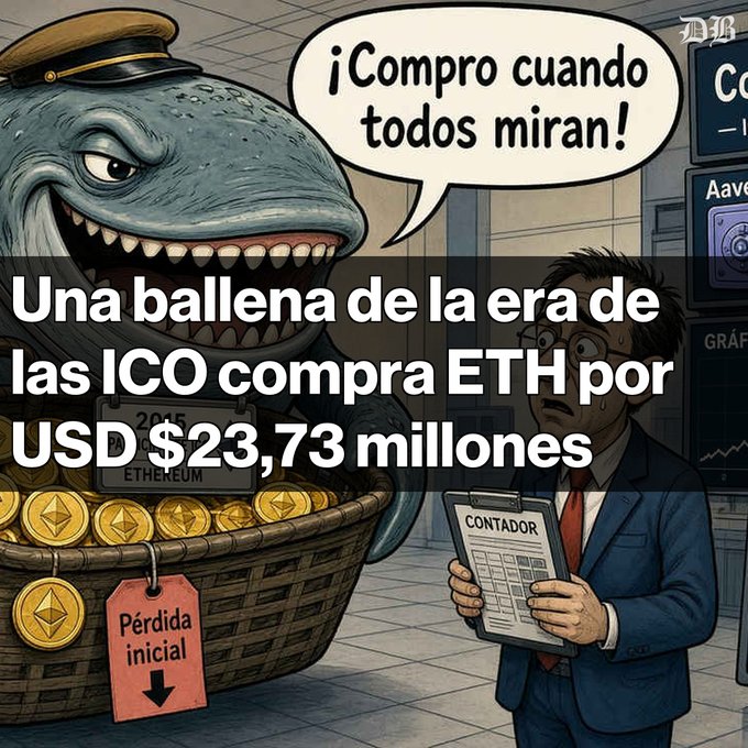 Cartoon of a whale with a '2015 ETHEREUM' tag in a basket of ETH coins, with Spanish headline 'Una ballena de la era de las ICO compra ETH por USD $23,73 millones' and speech bubble '¡Compro cuando todos miran!'.