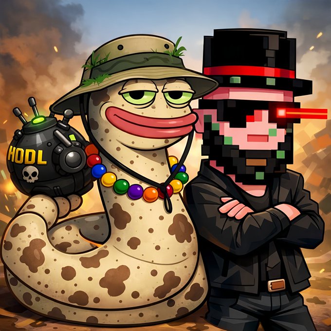 A digital illustration showing a cartoon snake character with a 'HODL' device and a pixelated figure with a red laser eye and black top hat, set against a fiery background.