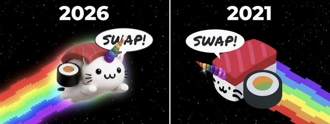 A side-by-side meme comparing '2026' to '2021', featuring a cat character with sushi and a rainbow trail, with both sides labeled 'SWAP!'.