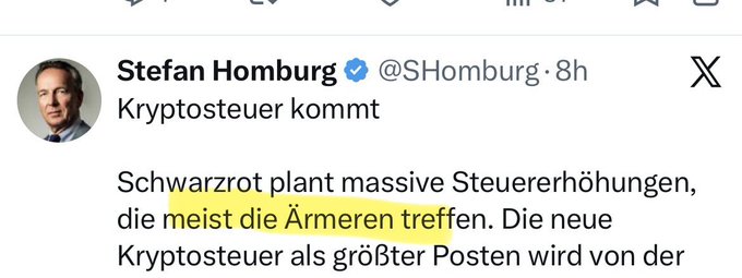 The image shows a tweet from Stefan Homburg (@SHomburg) announcing a coming crypto tax ("Kryptosteuer kommt"), with text criticizing planned tax hikes that "mostly hit the poorer ones" ("meist die Ärmeren treffen"), relevant to the post's sarcastic mention of poorer crypto holders (BC).