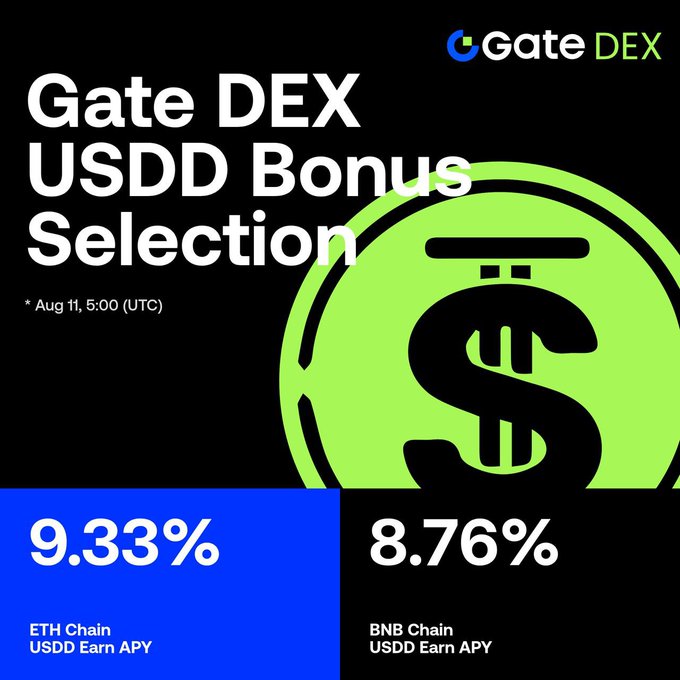 Gate DEX USDD Bonus Selection promotional graphic showing 9.33% APY on ETH Chain and 8.76% APY on BNB Chain, dated Aug 11, 5:00 (UTC).