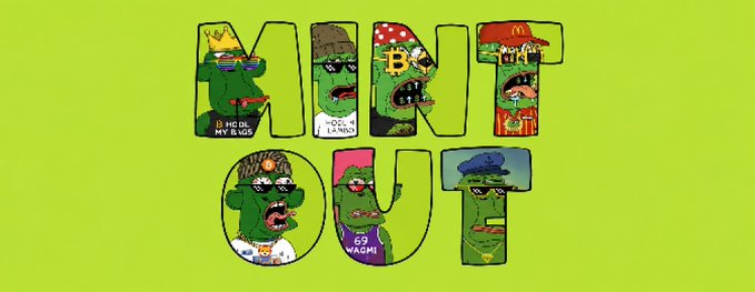 A green background features the text 'MIND OUT' filled with illustrations of green-faced characters wearing sunglasses, hats, and various accessories.