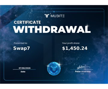 This image is a certificate for a successful investment in Swap7 with a $1,450.24 profit share. The certificate highlights that the trader was consistent and disciplined enough to earn this reward. The background of the image has a space theme featuring stars. It seems to be part of a promotional material highlighting the success of the trading platform.
