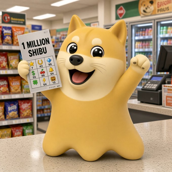 A 3D-rendered cartoon Shiba Inu character happily holds up a lottery ticket reading '1 MILLION SHIBU' with various icons in a convenience store setting.