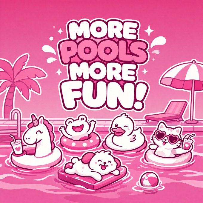 The image is a pink-themed cartoon illustration featuring cute characters—a unicorn, frog, duck, cat with heart sunglasses, and a puppy—relaxing on pool floats in a swimming pool, with the text "MORE POOLS MORE FUN!" displayed prominently. It visually promotes the "$MPMF" token, whose ticker cleverly stands for "More Pools More Fun," matching the accompanying post announcing its launch.