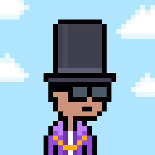 A pixel art character wearing a tall black top hat, sunglasses, and a purple outfit against a blue sky with clouds.