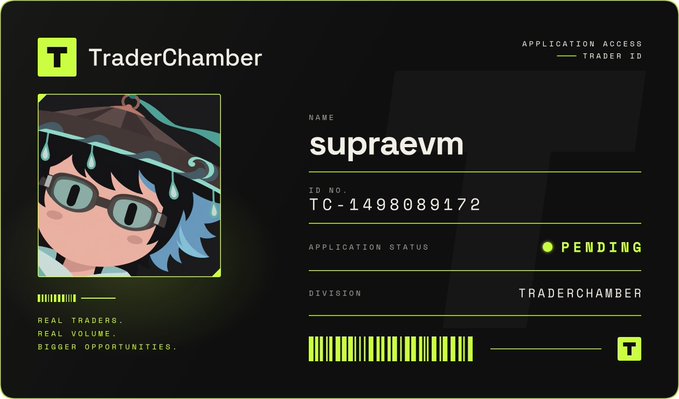 A digital TraderChamber ID card for user 'supraevm' (ID No. TC-1498089172) showing a pending application status alongside an anime-style character avatar.