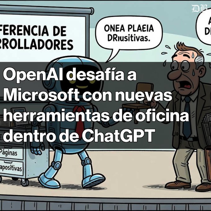 A cartoon illustration of a robot and a sweating man with Spanish text overlaid, including 'OpenAI desafía a Microsoft con nuevas herramientas de oficina dentro de ChatGPT'.