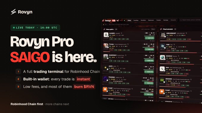 An advertisement announces 'Rovyn Pro SAIGO is here', describing it as a full trading terminal for Robinhood Chain with a built-in wallet and features including burn $RVN, accompanied by screenshots of the trading interface.