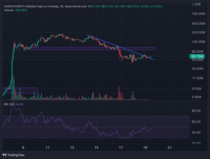 A 2-hour Uniswap chart for CASHCAT/WETH showing a 10.96% gain at $0.78, with the price bouncing off a descending trendline support near $60.75M market cap while the RSI (14) sits at 48.06, supporting the post's bullish outlook for higher continuation.