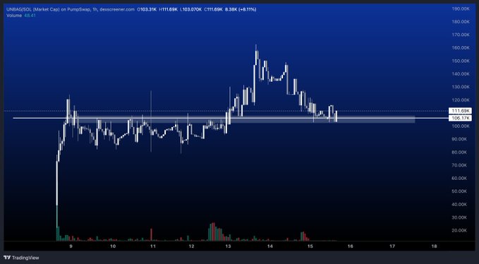A TradingView chart for the cryptocurrency Unibright (UBQ/USDT) on PumpSwap, showing a significant price pump to around $160,000 followed by a sharp decline, with a 1-hour timeframe and an 8.17% increase displayed.