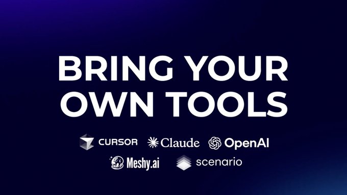 The image features a blue background with white text that reads "Bring Your Own Tools" followed by four logos for Curator, Clude, OpenAI, and Scenario Studios. The text is written in a serif font, making it easy to read. The logos are placed at the bottom of the image, indicating their respective companies or services related to AI and game development.