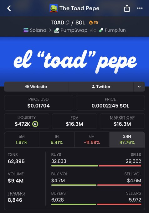 A cryptocurrency tracker screenshot for 'The Toad Pepe' token on Solana/PumpSwap via Pump.fun, showing a price of $0.01704, market cap of $16.3M, and 24-hour change of 47.76%.
