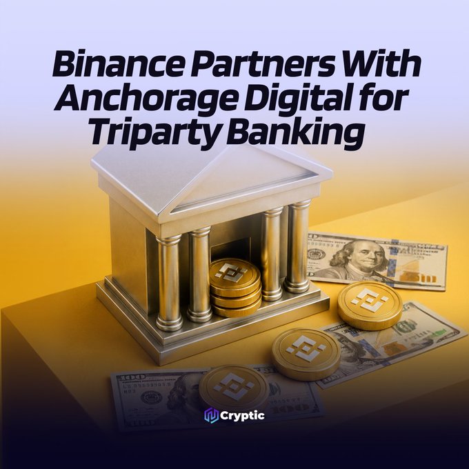 The image features a golden bank-like structure surrounded by Binance-branded coins and US dollar bills, illustrating the collaboration between Binance and Anchorage Digital for triparty banking services. The headline reads "Binance Partners With Anchorage Digital for Triparty Banking," visually reinforcing the partnership that allows institutional traders to custody assets through Anchorage while trading on Binance.