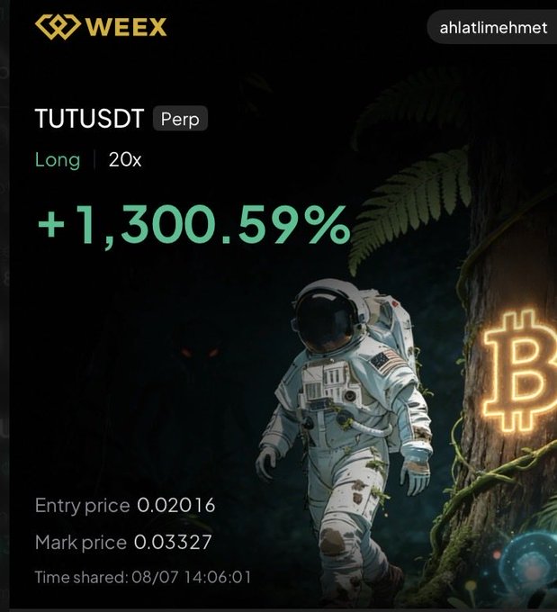 A WEEX trading screenshot showcases a +1,300.59% profit on a 20x leveraged long position for the TUTUSDT perpetual pair, with an entry price of 0.02016 and mark price of 0.03327—visually emphasized by an astronaut walking through a dark jungle toward a glowing Bitcoin symbol. The image directly answers the "Entry ?" question by displaying the exact entry price of $0.02016 for the $TUT trade.