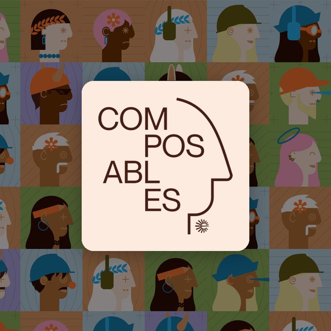 A tiled grid of stylized profile illustrations showcases diverse NFT character archetypes in a colorful checkerboard pattern, with a central cream-colored badge displaying "COMPOSABLES" alongside a minimalist profile silhouette and spiral logo, representing the genesis NFT collection for the Espresso project now hosted on ApeChain.