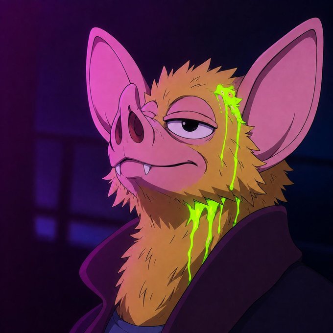 An anthropomorphic bat character with glowing green slime dripping from its eye and neck stares smugly at the viewer, lit by neon purple light. The gritty, mischievous cartoon vibe matches the post's celebration of the $HOODRAT meme coin's resilient, street-savvy community on the Robinhood chain.